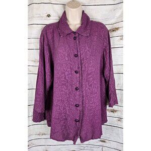 URU Textured Jacquard Purple Tunic Top XL 100% Silk Button Up Artsy Womens